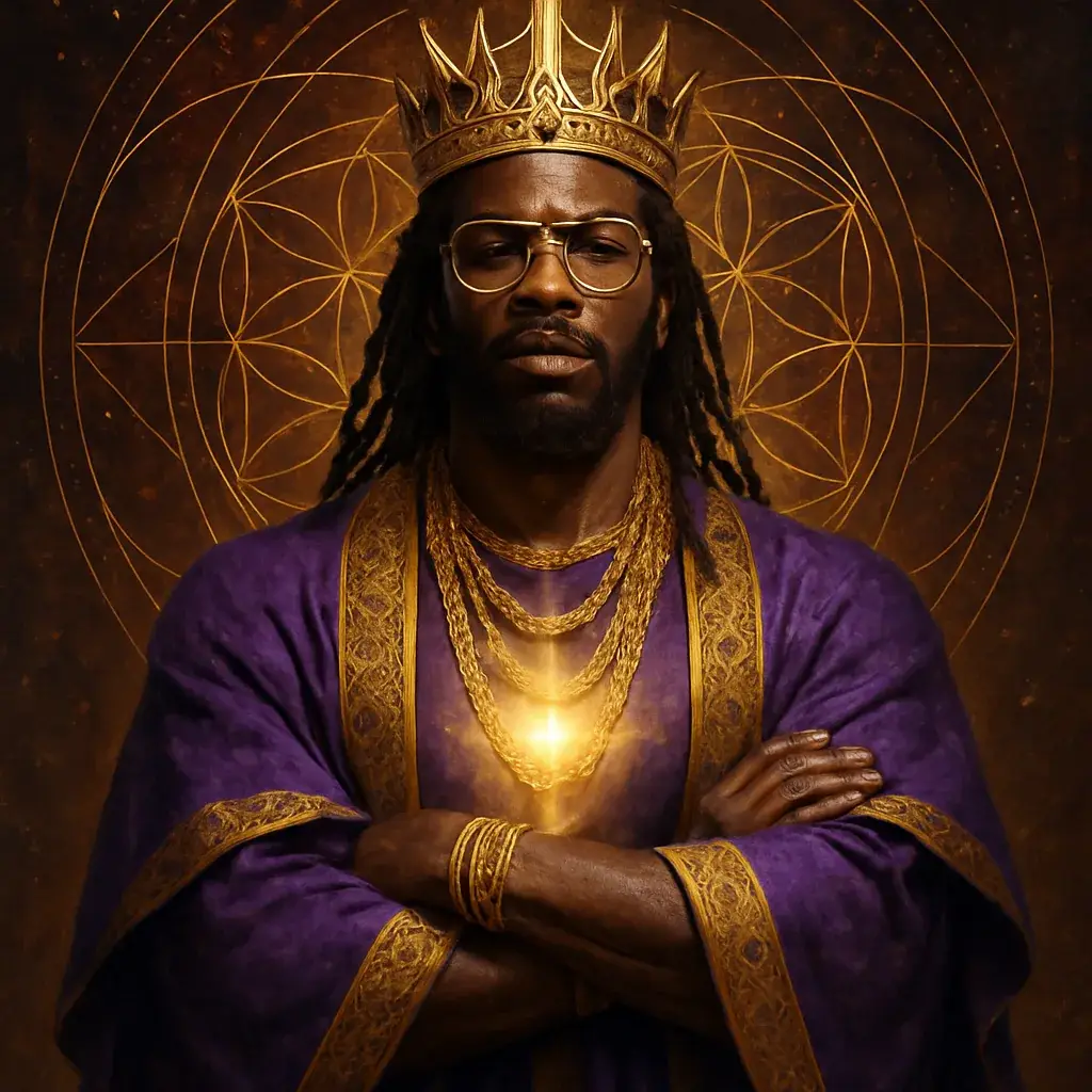 A crowned Black king in purple robes, arms folded, with a golden light at his chest.