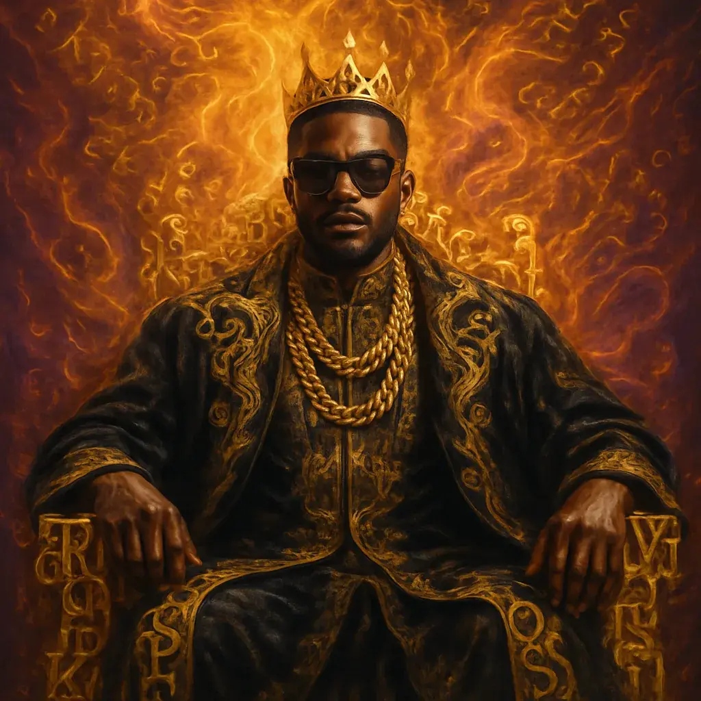 A crowned Black king in an embroidered robe seated on a throne of golden lettering.