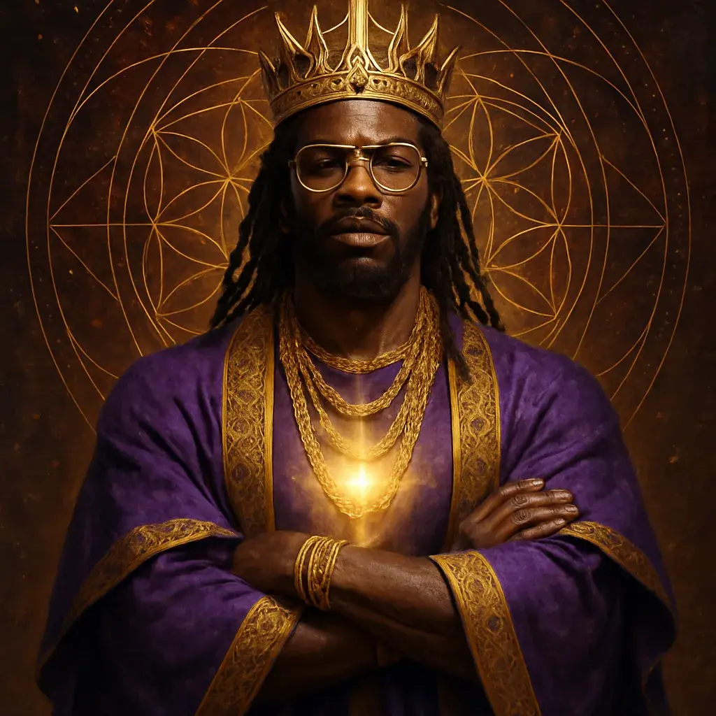 A crowned Black king in purple robes, arms folded, with a golden light at his chest.