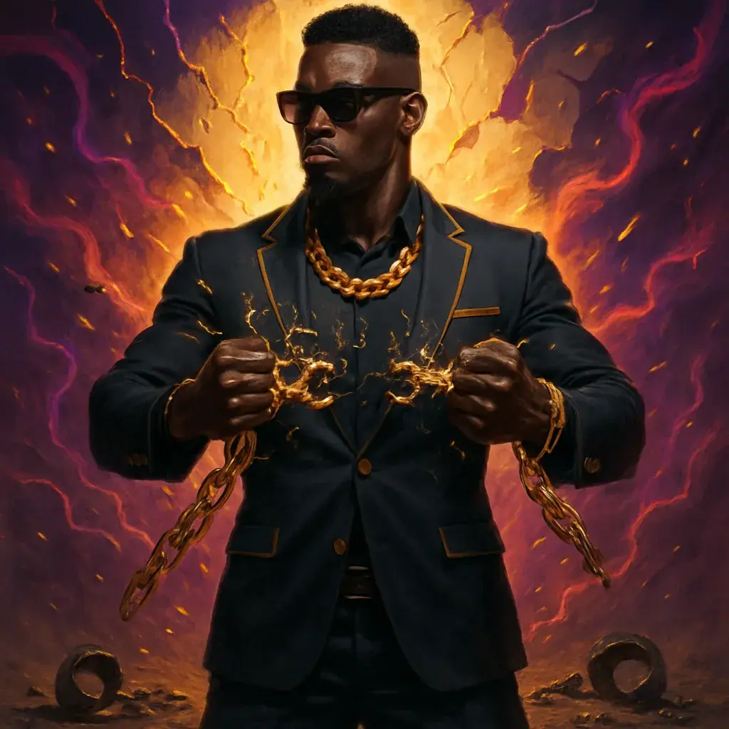 A Black man in a dark suit breaking golden chains in a burst of light.