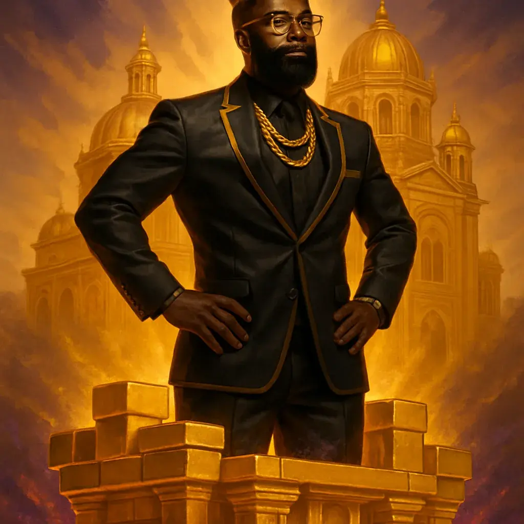 A Black man in a black suit standing on golden foundation blocks before a gilded palace.
