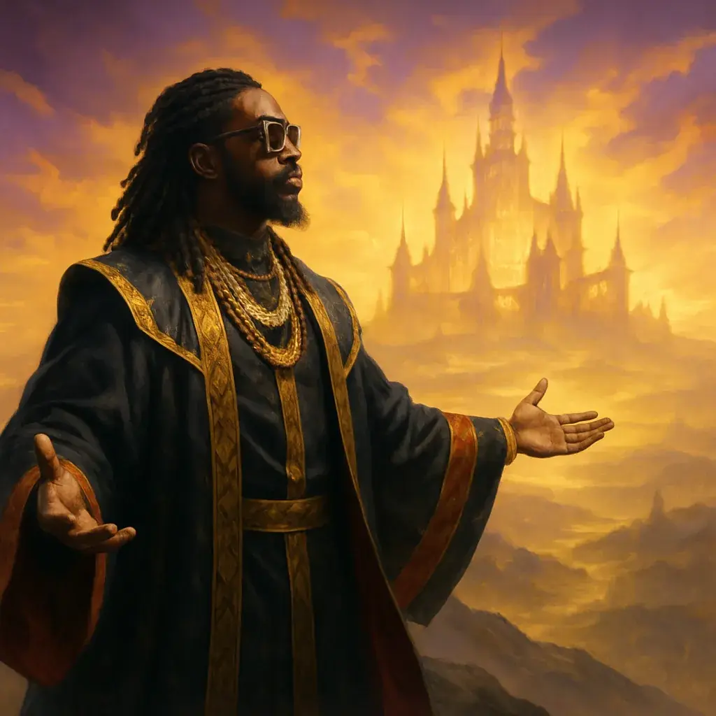 A Black leader with locs in a dark robe, arms open toward a golden city on the horizon.