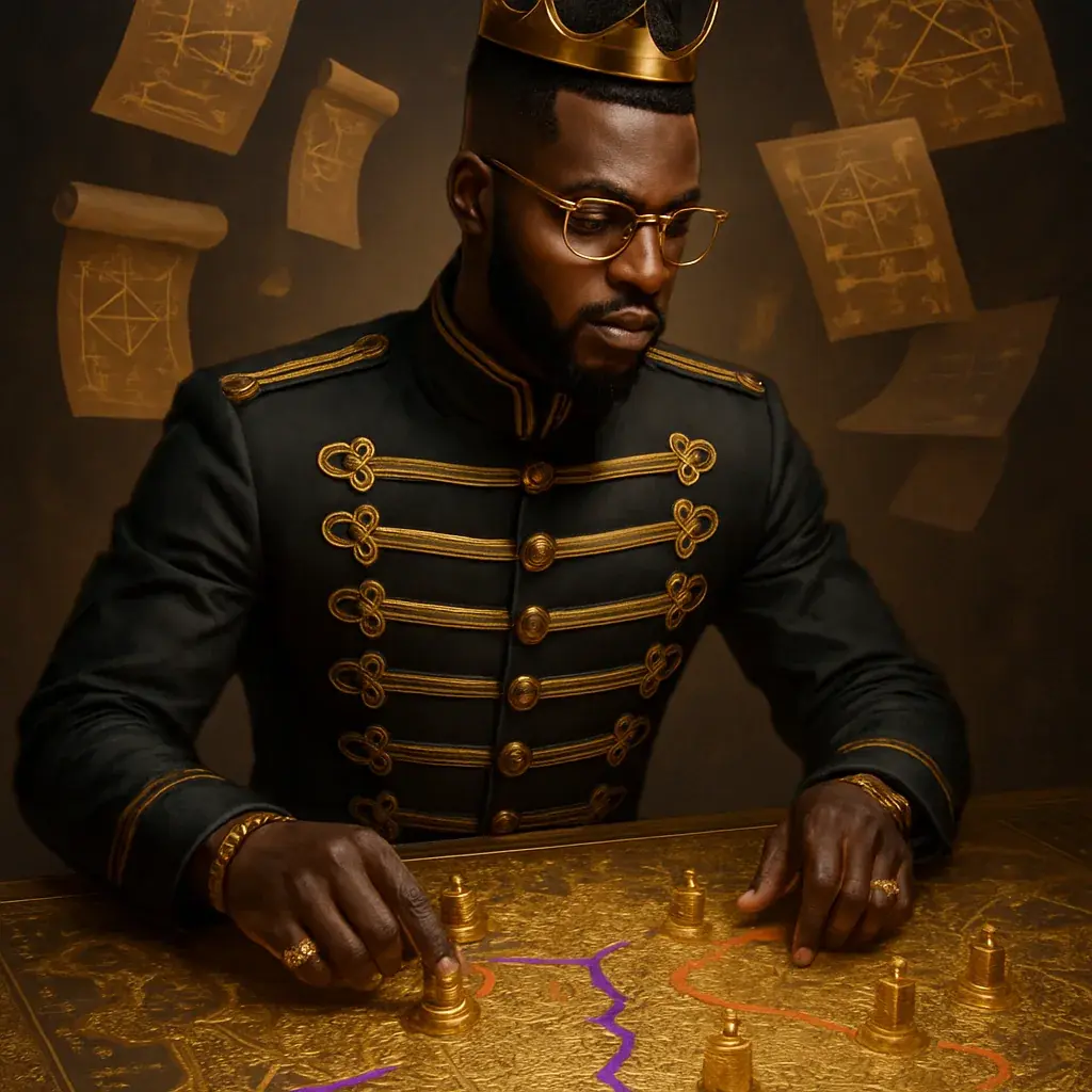 A Black king in a military dress coat studying maps and plans at a table.