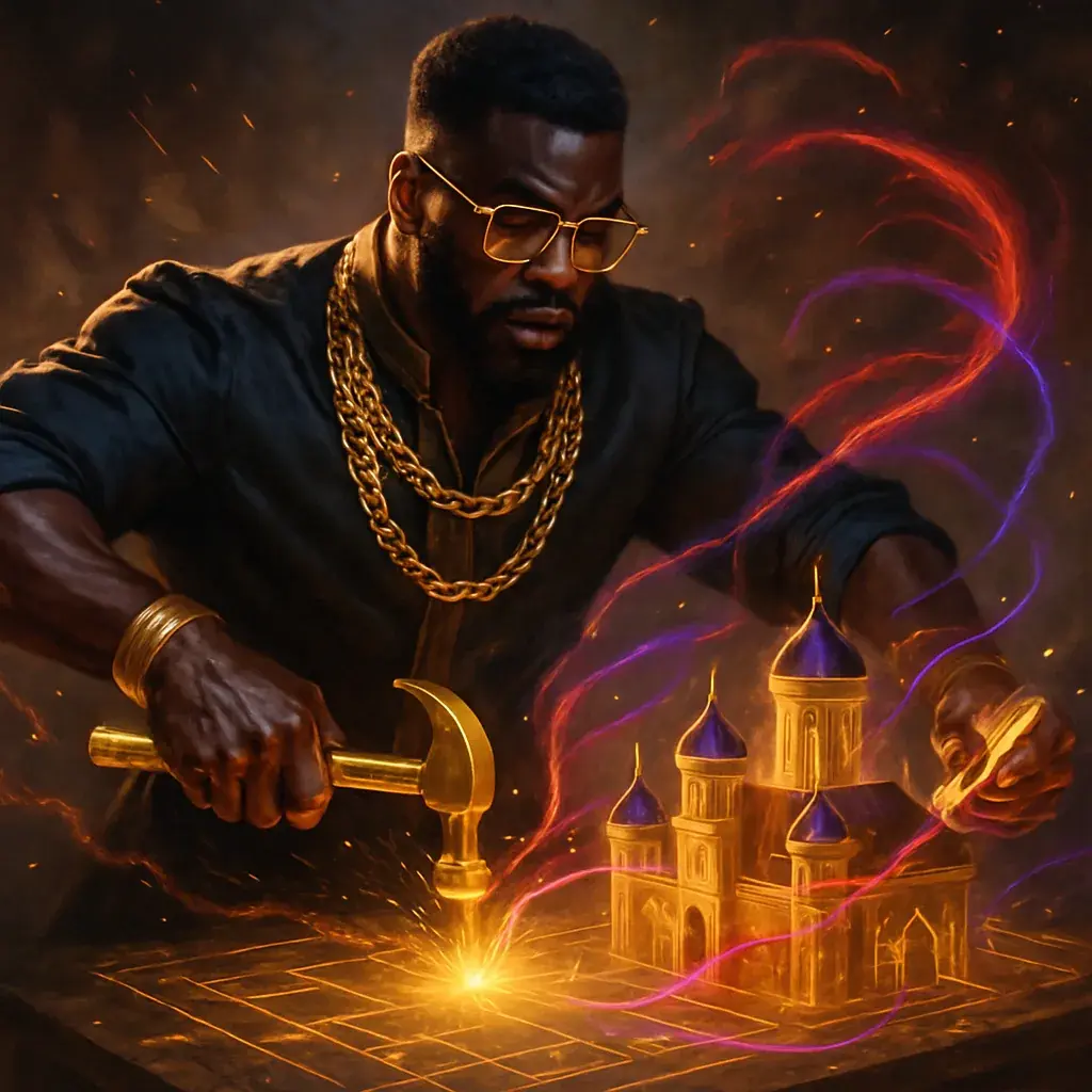 A Black man forging a golden castle with a hammer amid streams of red and gold light.
