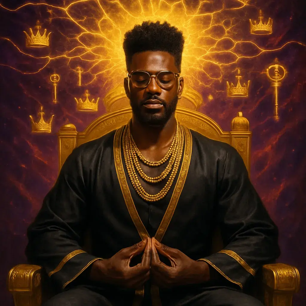 A Black king in meditation with golden crowns and keys radiating around him.