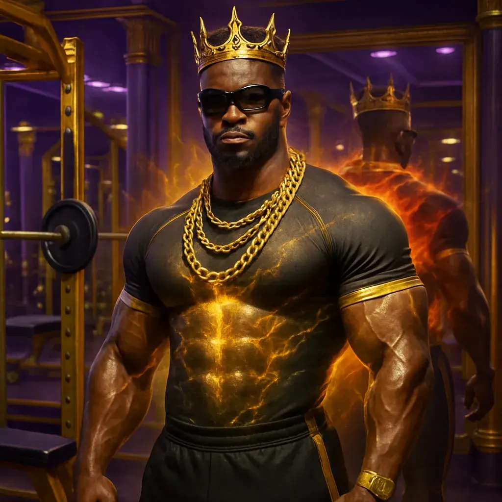 An athletic Black king with a crown and gold chain in a gym lit in purple and gold.