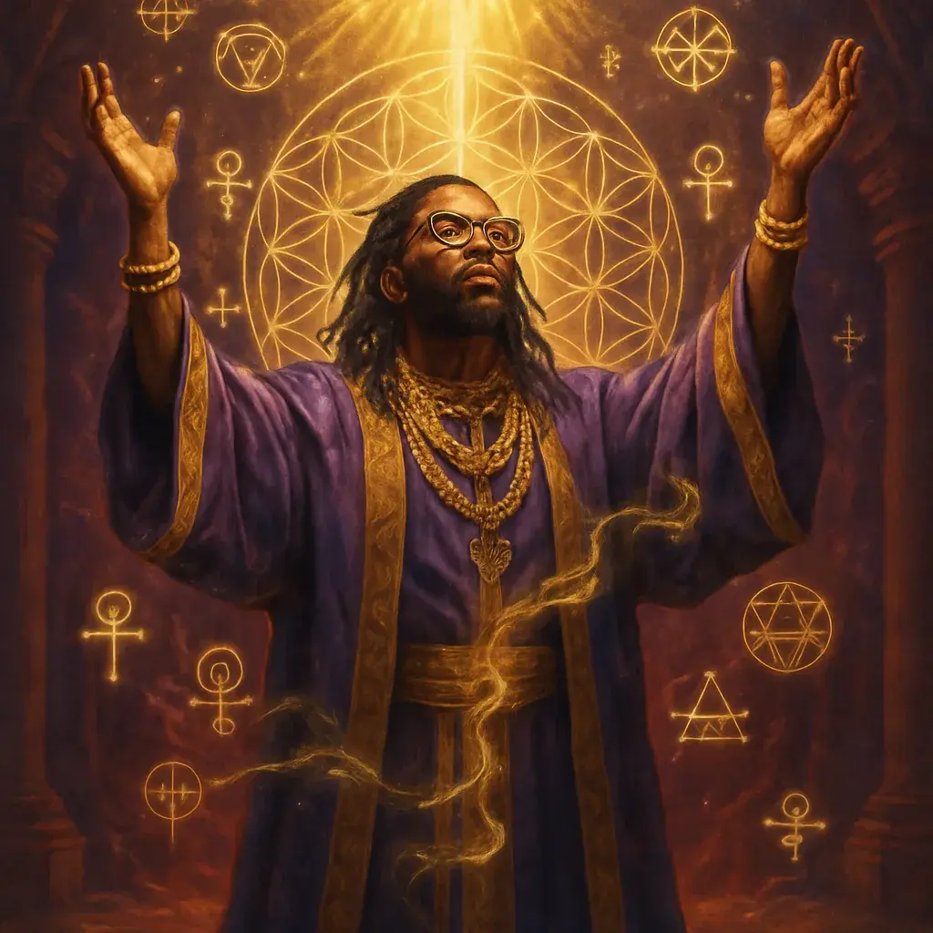 A Black king in purple robes with arms raised amid glowing sacred geometry.
