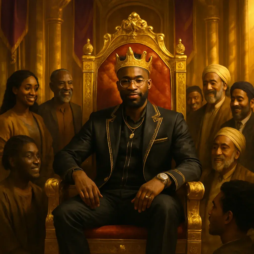 A Black king on a red and gold throne surrounded by a smiling community.
