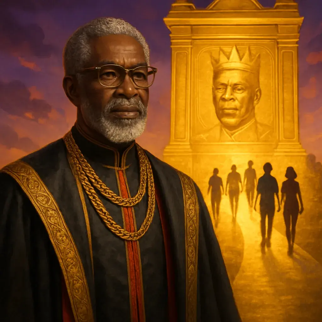 An elder Black king in ceremonial robes before a golden monument bearing his likeness.