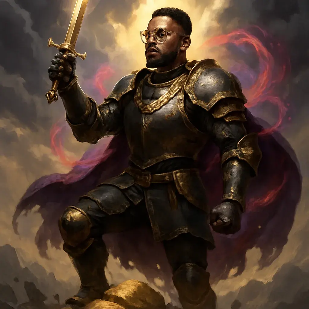 A Black king in armor raising a sword on a mountaintop amid storm clouds.