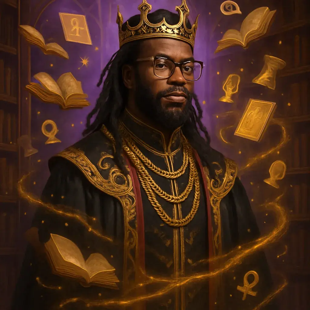 A crowned Black king with glasses surrounded by floating books and golden symbols.