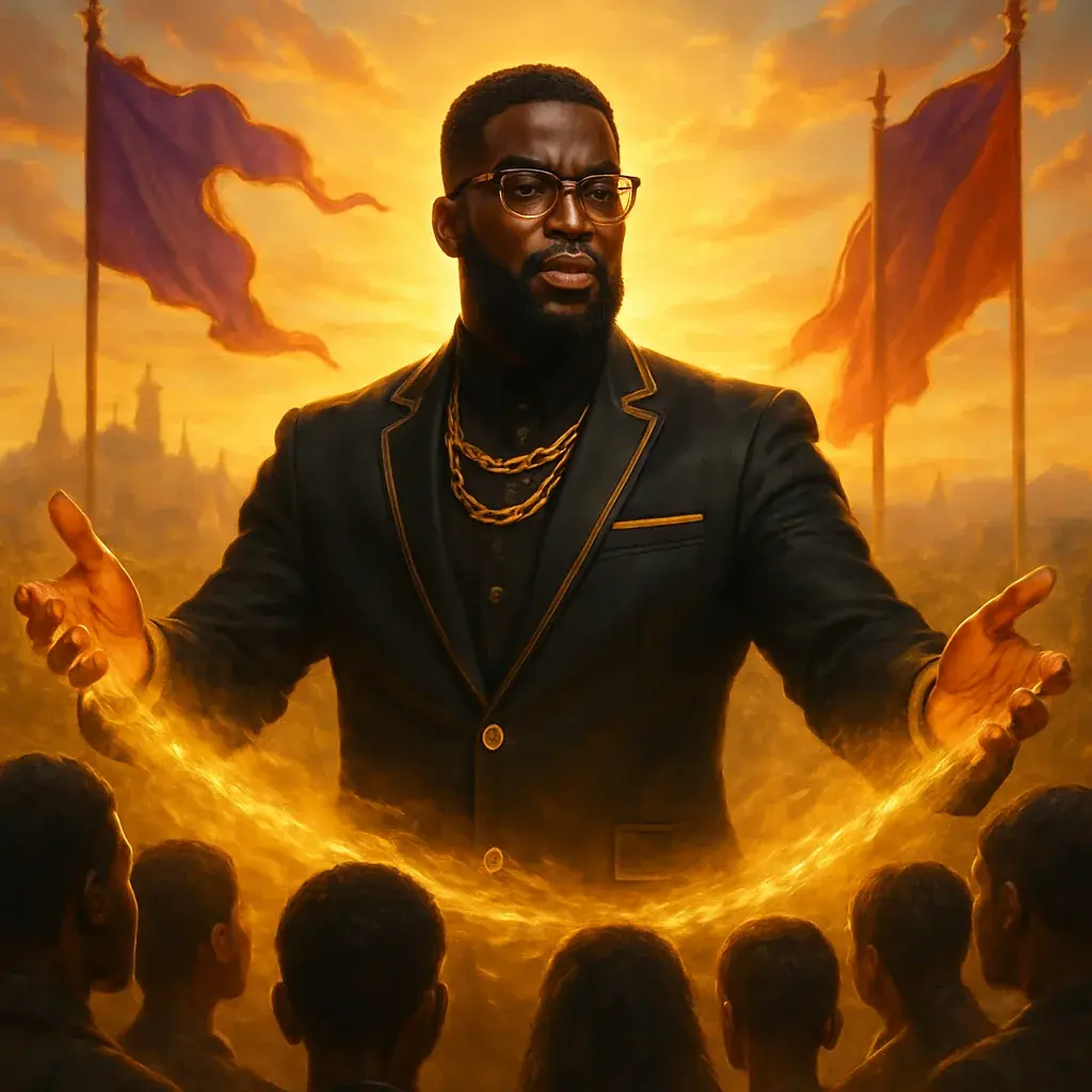 A Black leader in a black suit before red and gold banners, hands open to a crowd.