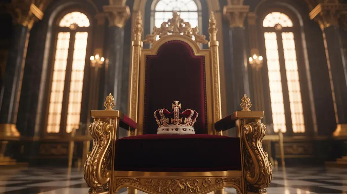 A crown resting on an empty throne in a grand marble hall.